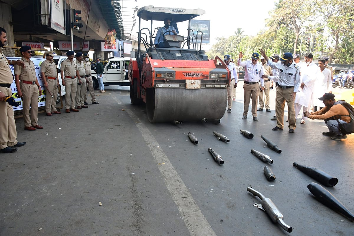 Mumbai: 100 modified silencers crushed under road roller by traffic cops; see pics 