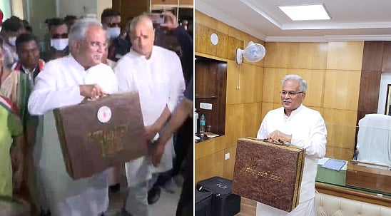 Chattisgarh CM Bhupesh Baghel carries budget papers in cowdung suitcase