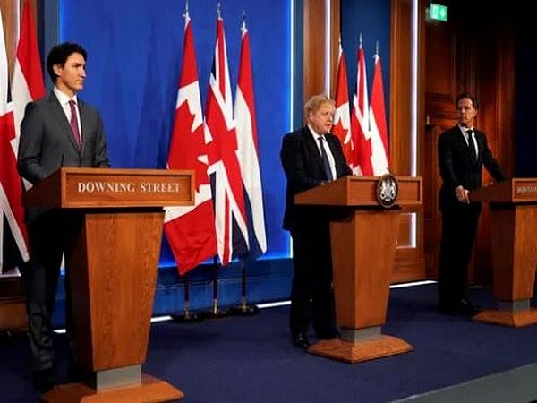 UK Prime Minister Boris Johnson in a joint press conference with Canadian Prime Minister Justin Trudeau and Dutch Prime Minister Mark Rutte | Photo: Twitter Image