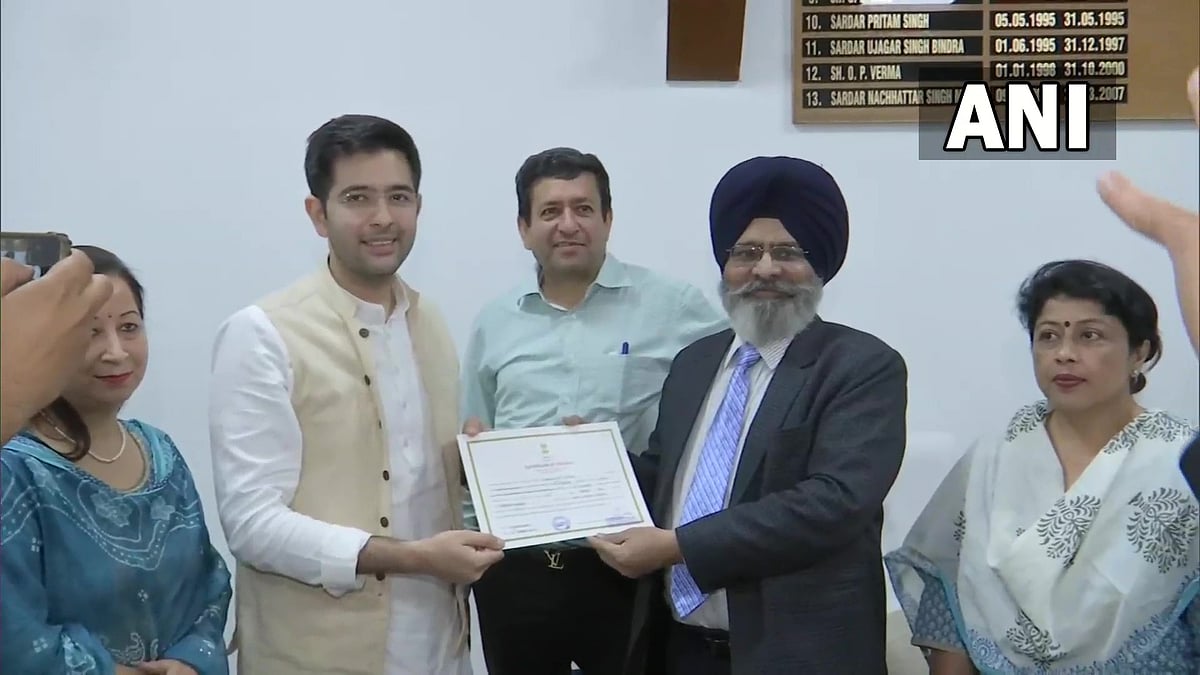 AAP leader Raghav Chadha collects his certificate as he gets elected unopposed to Rajya Sabha