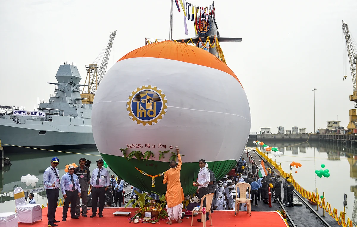 Mumbai: Indian Navys sixth and final scorpene submarine of Project-75 named Vagsheer being launched by the Mazagon Dock Shipbuilders Limited (MDL), in Mumbai, Wednesday, April 20, 2022.