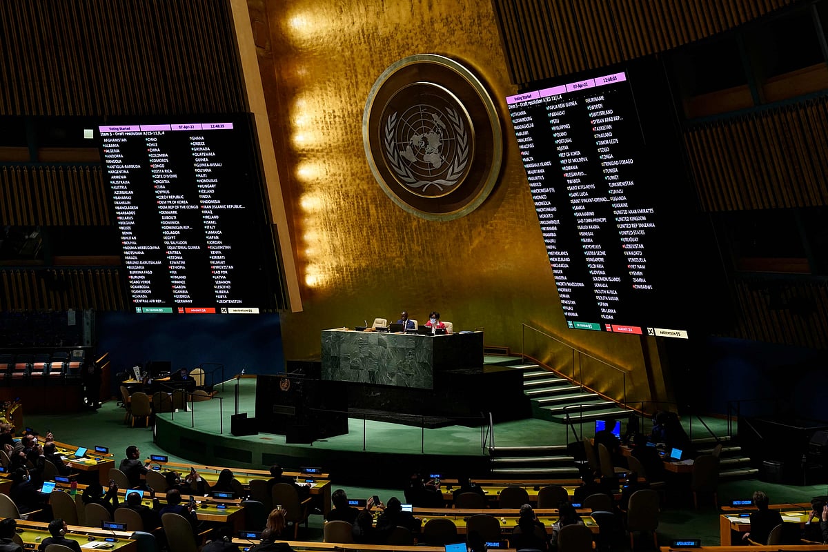 TOPSHOT - The board showing the passage of the resolution during a UN General Assembly vote on a draft resolution seeking to suspend Russia from the UN Human Rights Council in New York City on April 7, 2022. | (Photo by TIMOTHY A. CLARY / AFP)