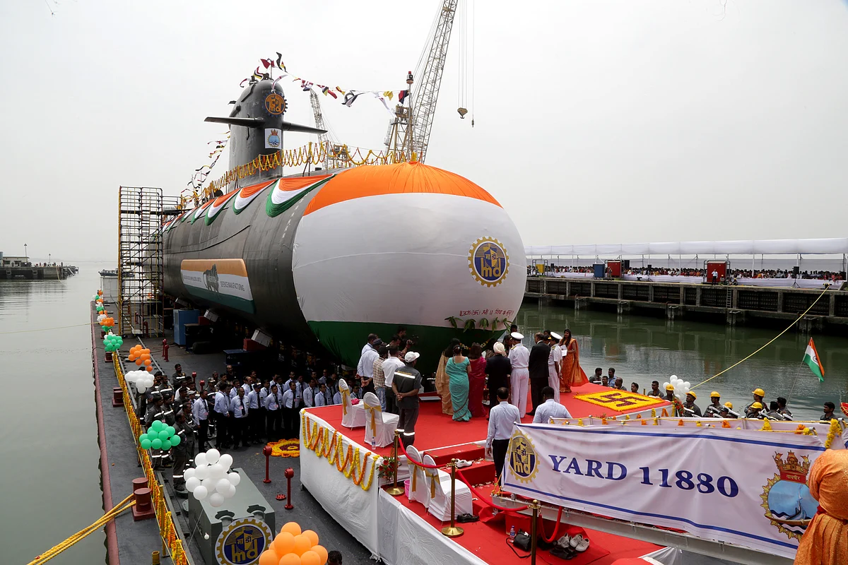 Indian Navys sixth and final scorpene submarine of Project-75 named Vagsheer being launched by the Mazagon Dock Shipbuilders Limited (MDL), in Mumbai, Wednesday, April 20, 2022.
