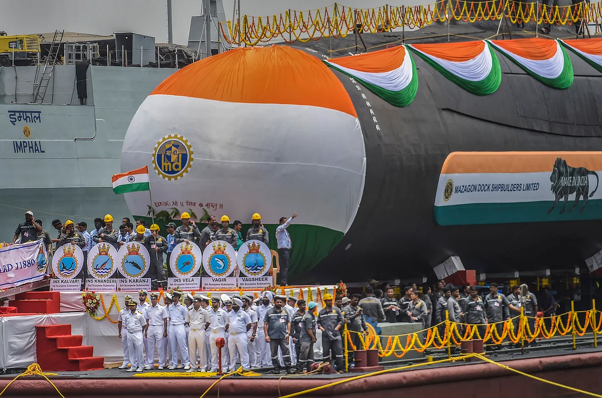 Mumbai: Indian Navys sixth and final scorpene submarine of Project-75 named Vagsheer being launched by the Mazagon Dock Shipbuilders Limited (MDL), in Mumbai, Wednesday, April 20, 2022.
