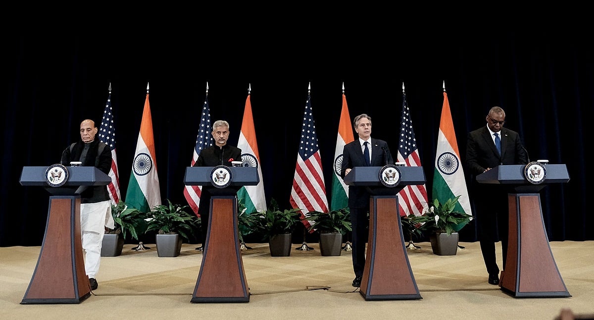 India's Defense Minister Rajnath Singh, India's External Affairs Minister Subrahmanyam Jaishankar, US Secretary of State Antony Blinken, and US Defense Secretary Lloyd Austin | Photo Credit: AFP