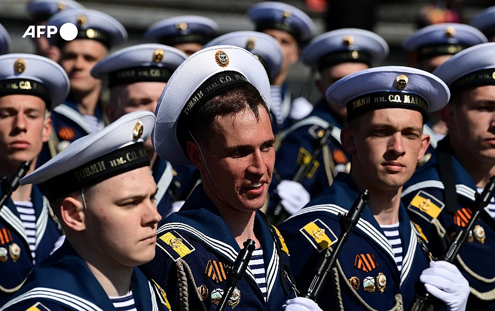 Russian Naval servicemen taking part in the Victory Day parade in Vladivostok