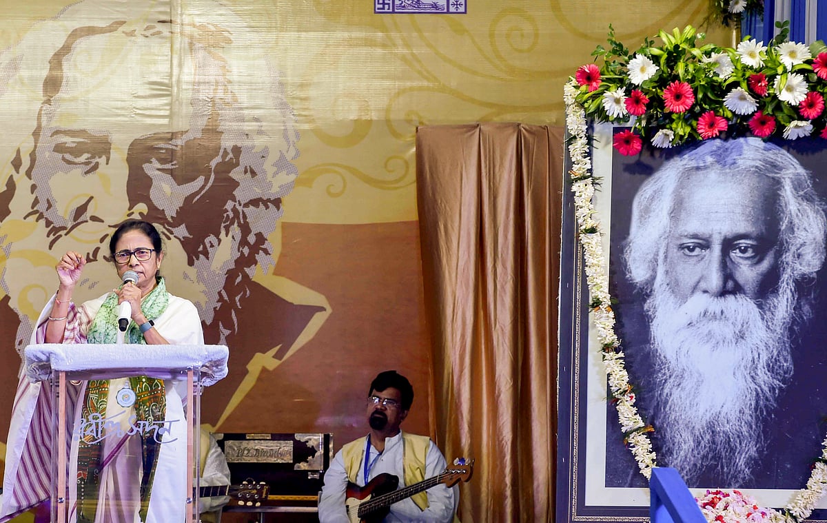 Kolkata: West Bengal Chief Minister Mamata Benerjee addresses at a function on Nobel laureate Rabindranath Tagores birth anniversary, in Kolkata, Monday, May 9, 2022. | (PTI Photo)