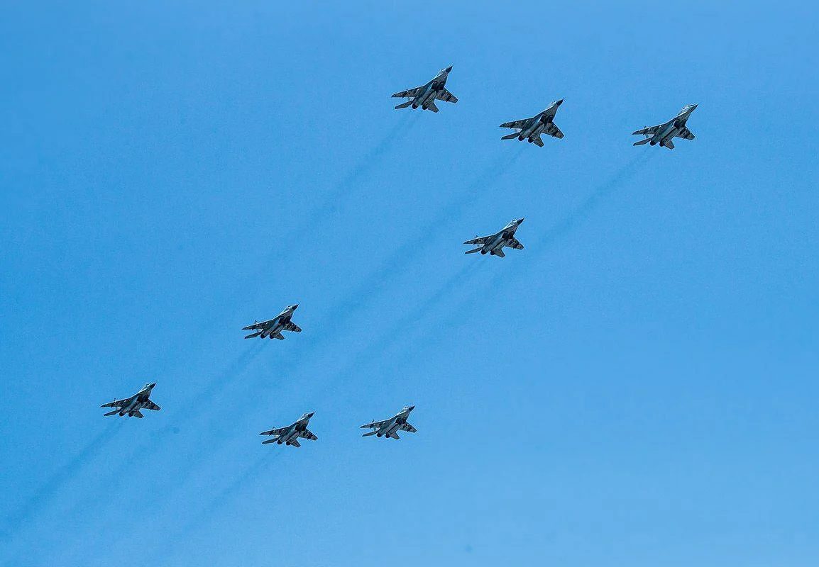 Russian MiG-29 fighters flying in a 'Z' formation; the symbol of Russia's invasion