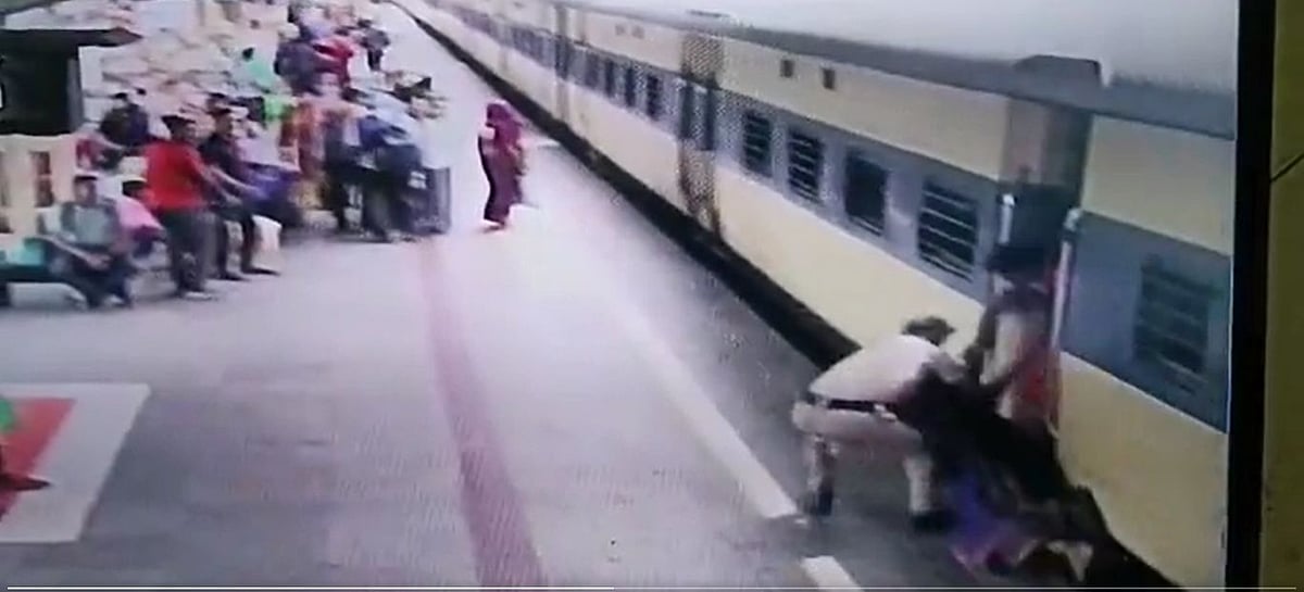 Watch Video: Bhubaneshwar railway cop saves woman from falling off moving train