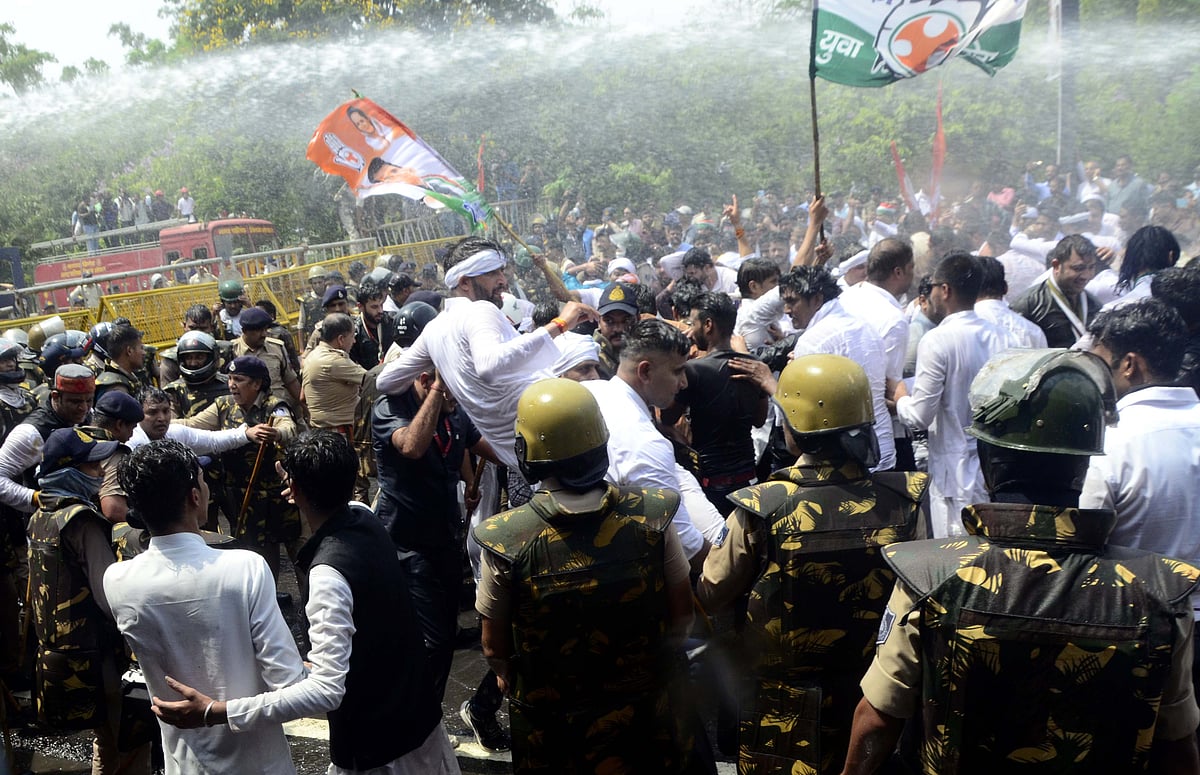 Youth Congress activists during a rally to protest against unemployment and inflation, in Bhopal, Thursday