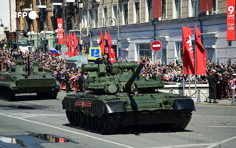 Russian tanks taking part in the Victory Day parade in Vladivostok