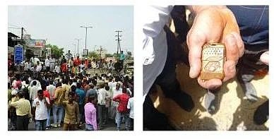 Agitated farmers resort to chakka jam on Agar Road while the ‘remote’ (INSET) through which tricky manoeuvres were being done in the name of weighing soybeans through electronic machines at Chimanganj Krishi Upaj Mandi, in Ujjain on Monday.  | FP PHOTOS