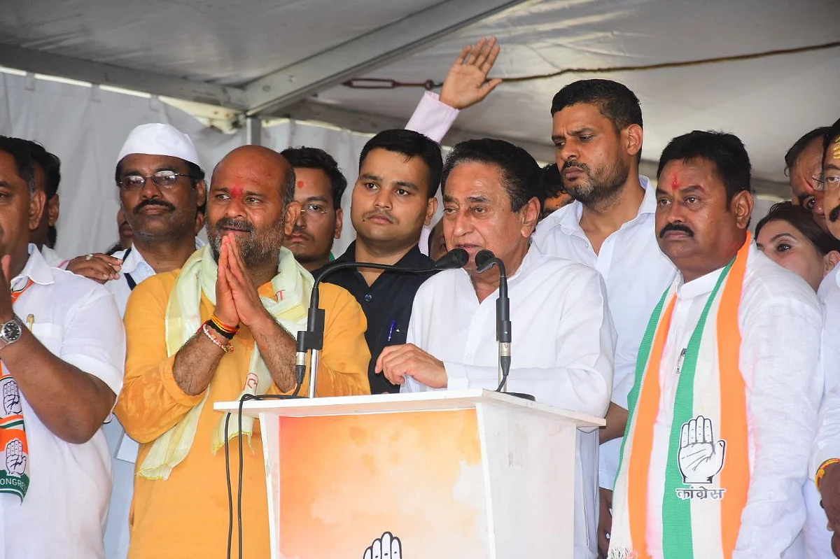 Ex-CM Kamal Nath addresses an election meeting in Ujjain on Tuesday. | FP Photo