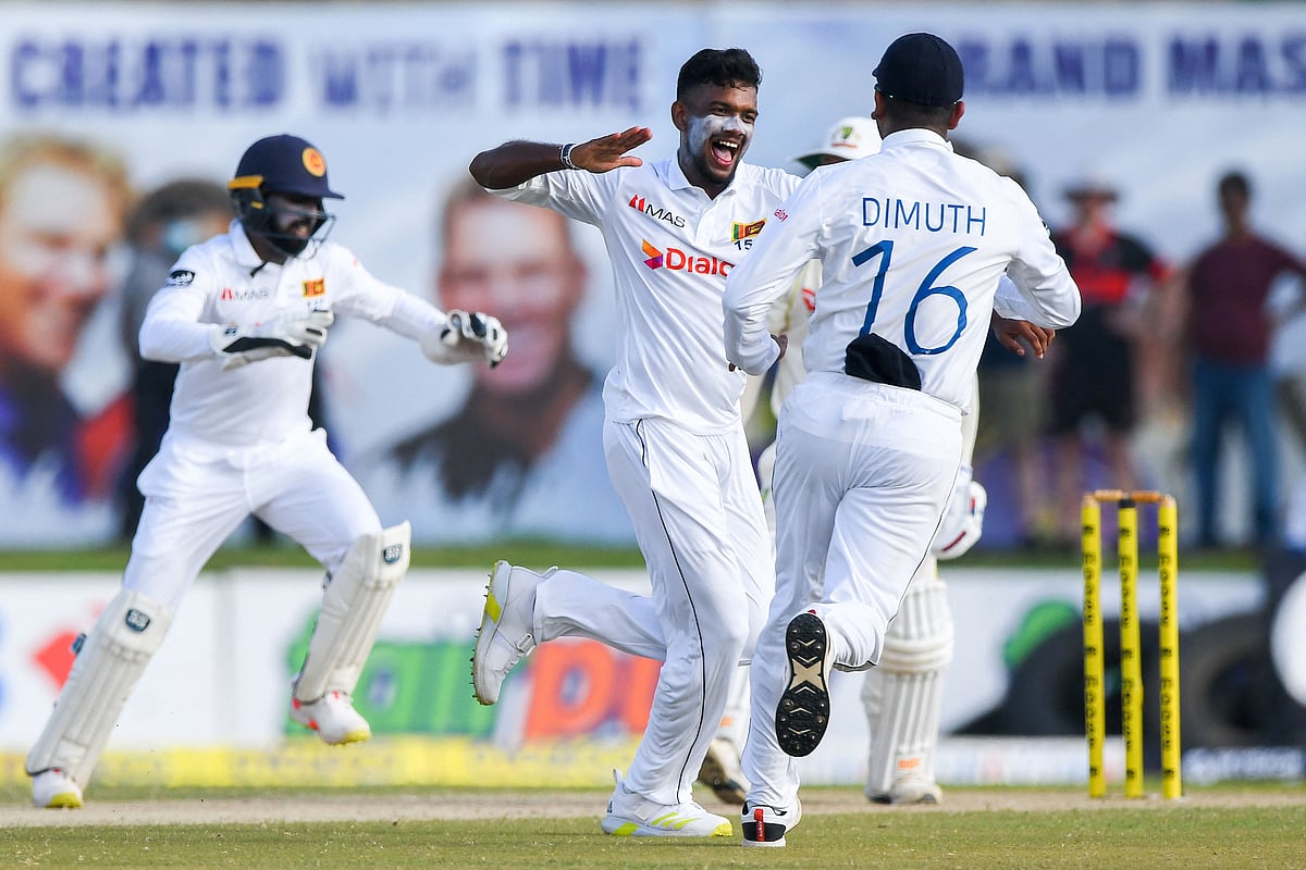 Sri Lanka players celebrate an Australia wicket on Day 1 of the first Test at Galle | Pic: ICC