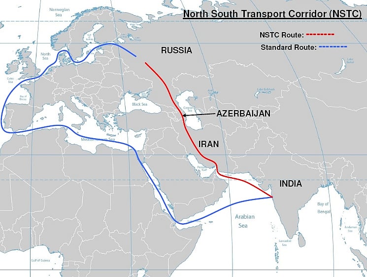 Map of North South Transport Corridor route vs standard trade route from India to Russia | Wikimedia Commons