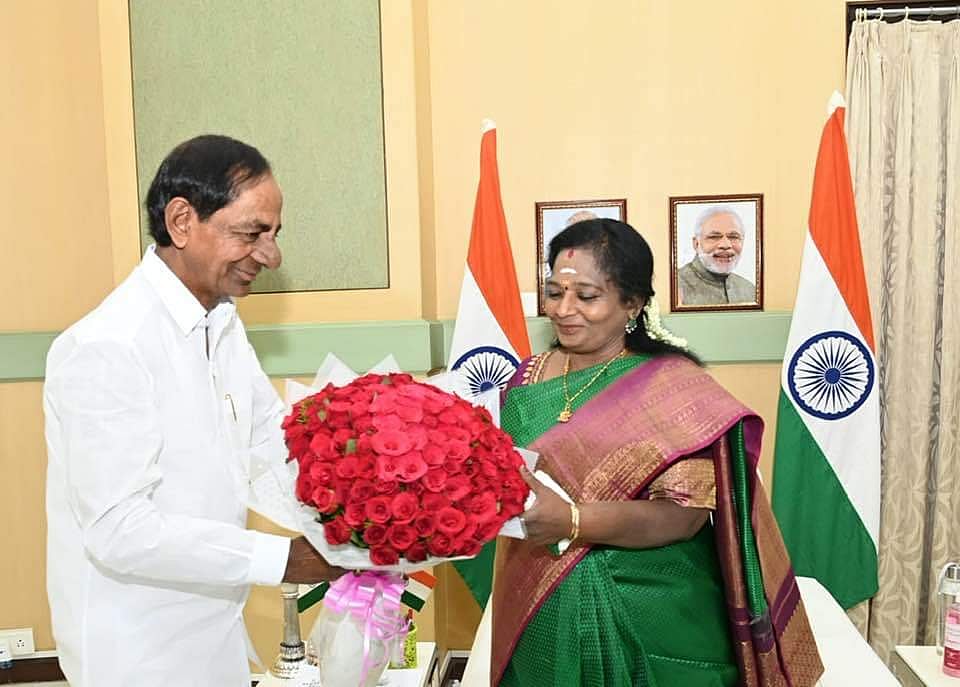 Telangana CM K Chandrashekhar Rao during the Swearing-in Ceremony of Chief Justice of the High Court of Telangana Ujjal Bhuyan at Raj Bhavan, at Hyderabad | Twitter/@kNaveenkumarya1