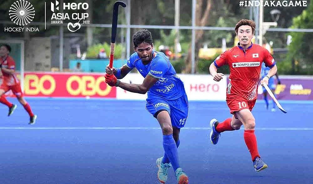 India (blue jersey) and Japan players  in action during the bronze medal match of Asia Cup hockey | Pic: Hockey India