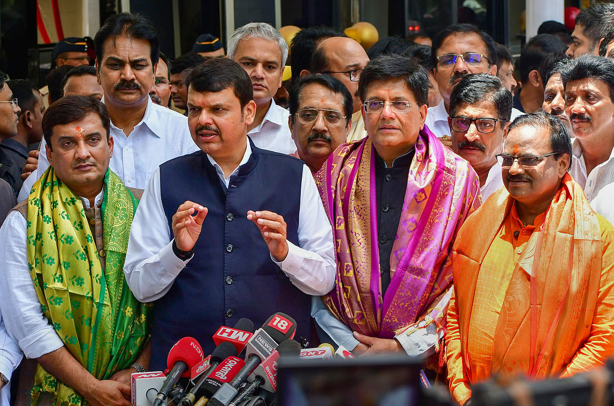 Mumbai: Former Maharashtra CM Devendra Fadnavis speaks to media as BJP Rajya Sabha candidates Dhananjay Mahadik, Piyush Goyal and Anil Bonde look on after filing nomination for Rajya Sabha membership, in Mumbai, Monday, May 30, 2022. | -PTI 