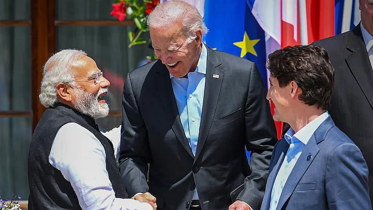 PM Modi with US President Biden and Canada PM Justin Trudeau, at G-7 Summit in Germany. | Photo: PTI