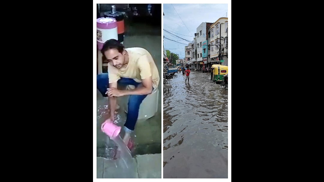 A resident clearing water from his house in Dhancha Bhavan following heavy rains (L), in Ujjain on Tuesday. Traffic movements get affected at the busy Topkhana area due to waterlogging (R).  | FP PHOTOS