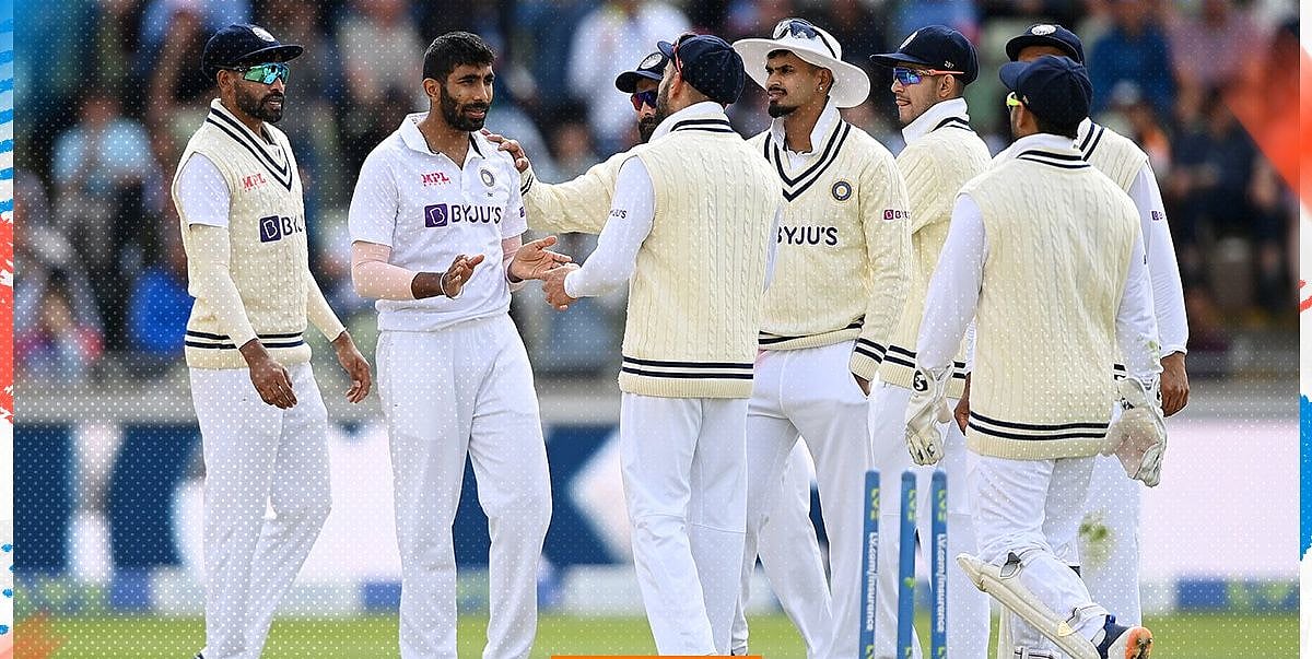 India players celebrate the an England wicket on Day 4 of the fifth Test | Pic: BCCI