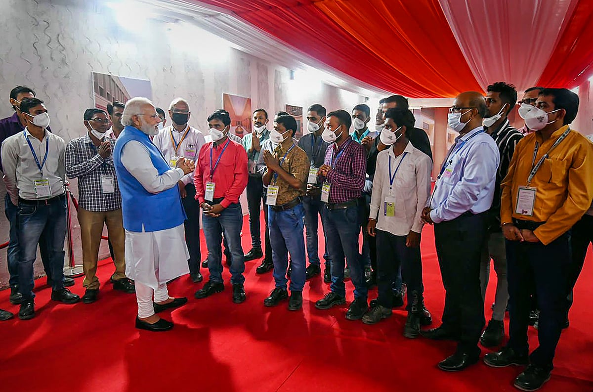 New Delhi: Prime Minister Narendra Modi during a ceremony for unveiling of a bronze National Emblem cast on roof of the new Parliament Building, in New Delhi, Monday, July 11, 2022. 