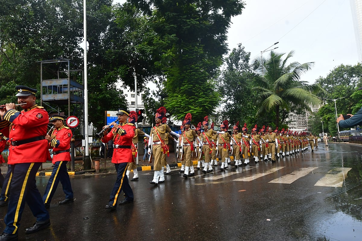 Mumbai Police gear up for their final dress rehearsal for the upcoming 75th Independence Day, outside Mantralaya, in Mumbai, on Saturday, August 13