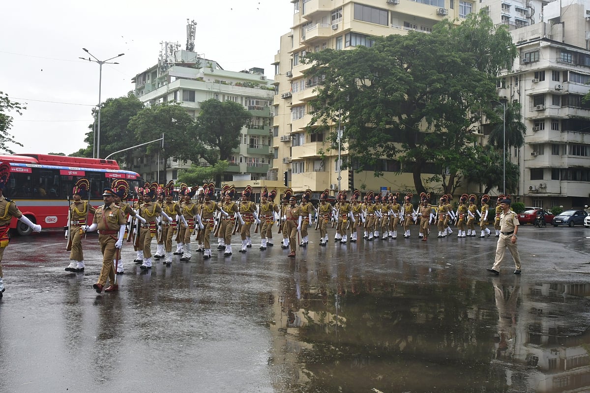 Mumbai Police gear up for their final dress rehearsal for the upcoming 75th Independence Day, outside Mantralaya, in Mumbai, on Saturday, August 13