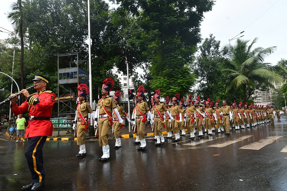 Mumbai Police gear up for their final dress rehearsal for the upcoming 75th Independence Day, outside Mantralaya, in Mumbai, on Saturday, August 13
