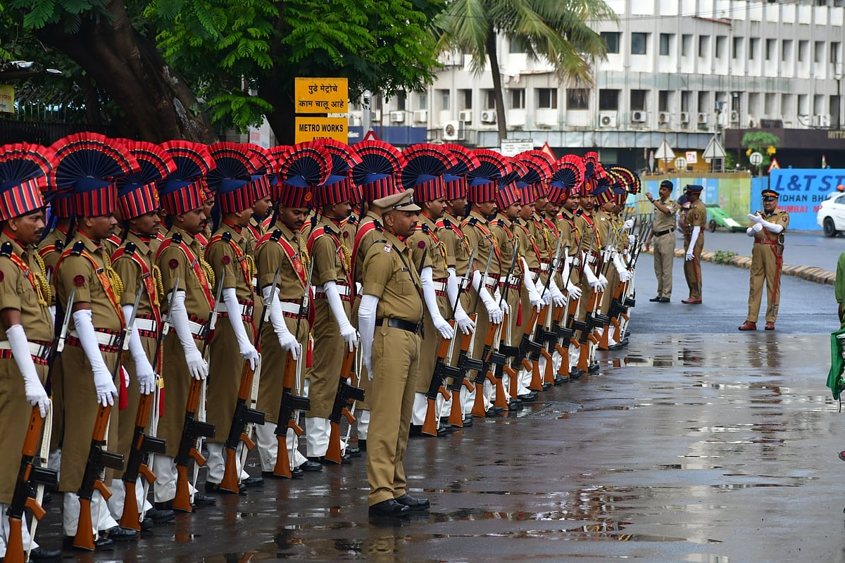 Mumbai Police gear up for their final dress rehearsal for the upcoming 75th Independence Day, outside Mantralaya, in Mumbai, on Saturday, August 13