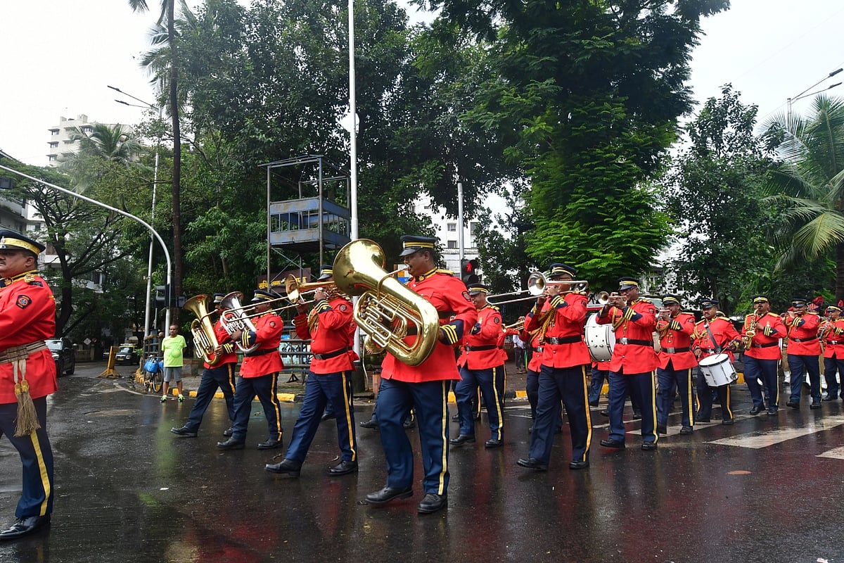Mumbai Police gear up for their final dress rehearsal for the upcoming 75th Independence Day, outside Mantralaya, in Mumbai, on Saturday, August 13