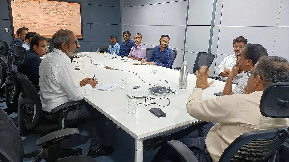 A review meeting to install state-of-the-art equipment in Mahakaleshwar Temple in progress in Ujjain on Monday. | FP PHOTO