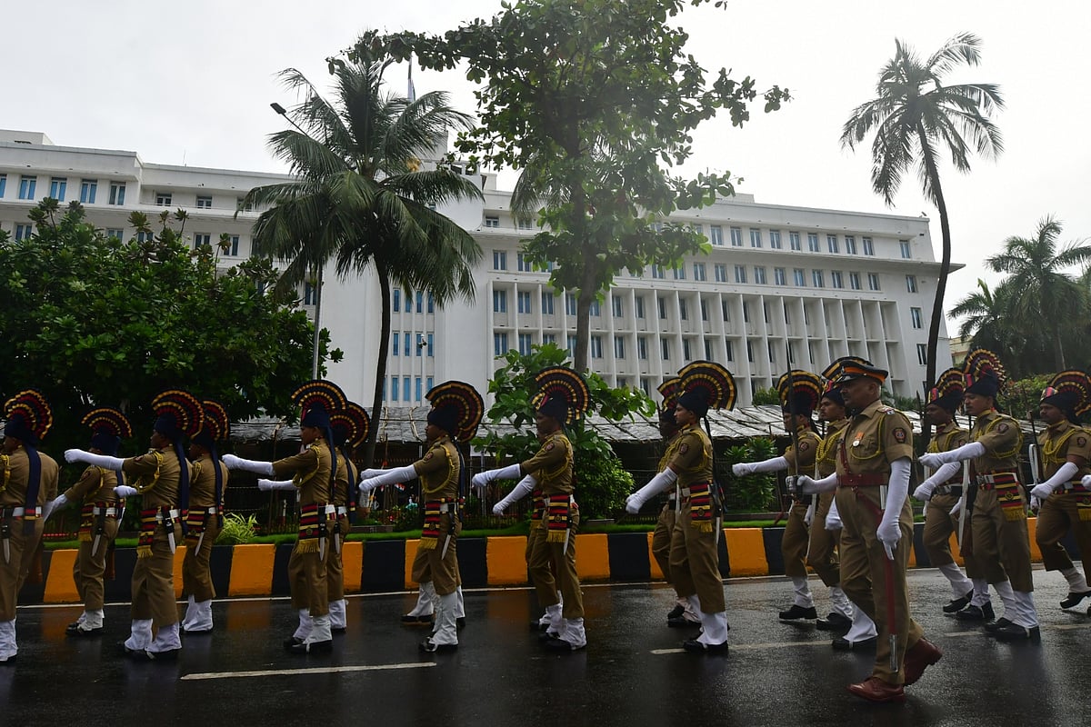 Mumbai Police gear up for their final dress rehearsal for the upcoming 75th Independence Day, outside Mantralaya, in Mumbai, on Saturday, August 13