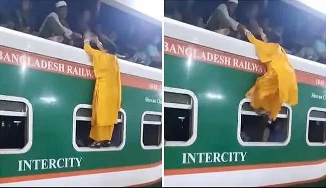 Watch Video: Woman tries to climb on roof of crowded train in Bangladesh