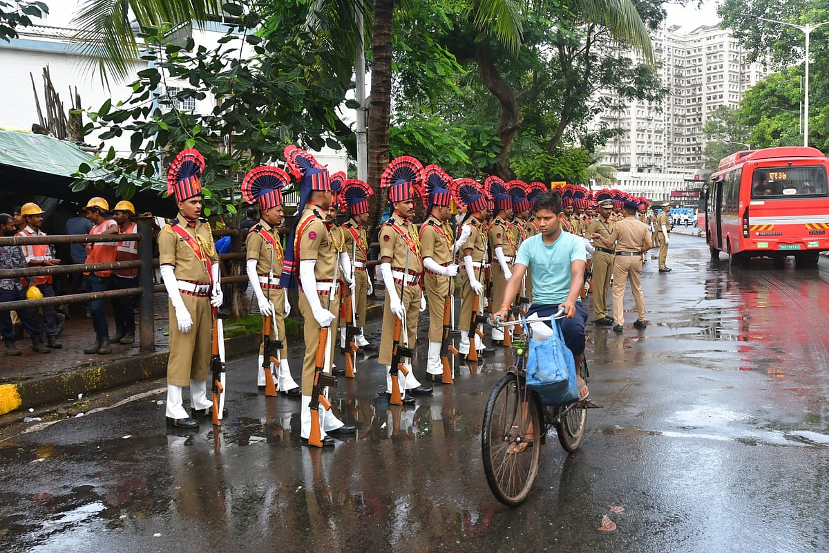Mumbai Police gear up for their final dress rehearsal for the upcoming 75th Independence Day, outside Mantralaya, in Mumbai, on Saturday, August 13