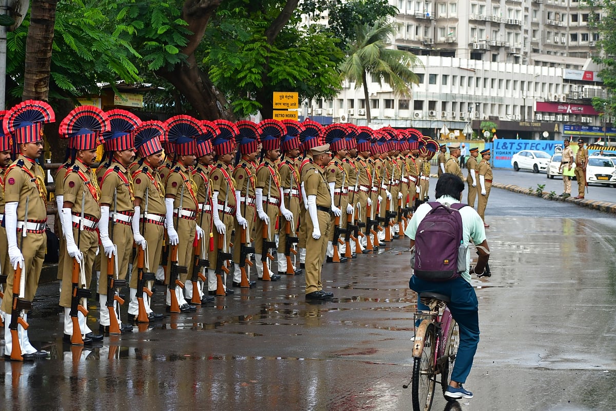 Mumbai Police gear up for their final dress rehearsal for the upcoming 75th Independence Day, outside Mantralaya, in Mumbai, on Saturday, August 13