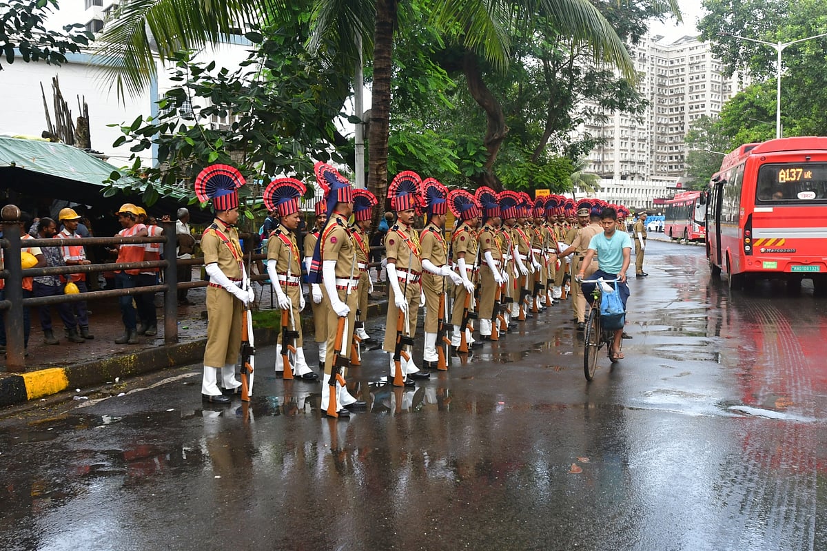 Mumbai Police gear up for their final dress rehearsal for the upcoming 75th Independence Day, outside Mantralaya, in Mumbai, on Saturday, August 13