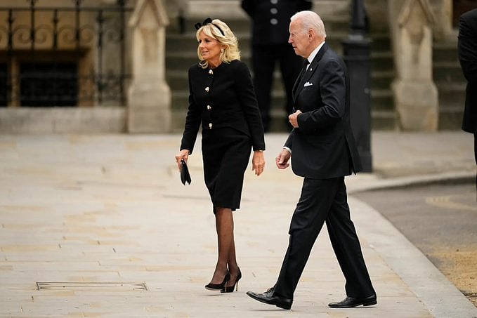 US President Joe Biden enters Westminster Abbey with his wife Jill