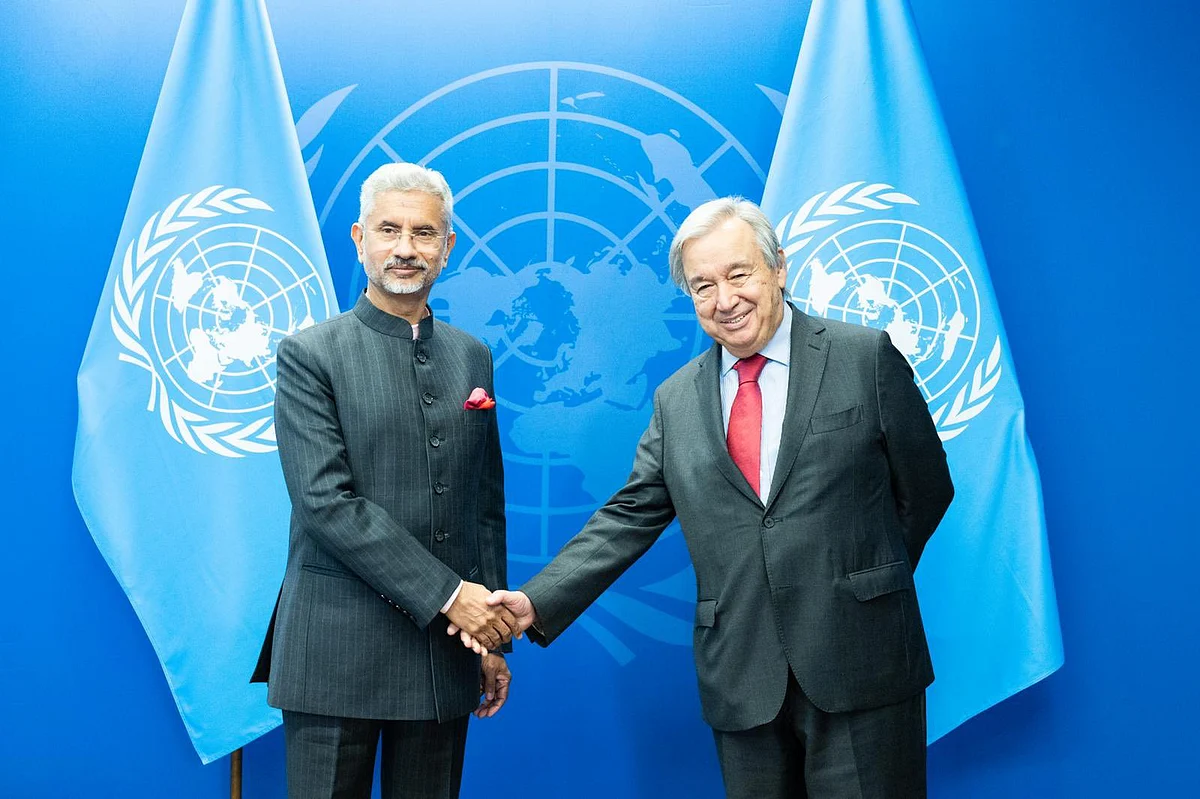 External Affairs Minister Dr S Jaishankar, left, with United Nations Secretary-General António Guterres, in New York, on Saturday | Twitter/@DrSJaishankar