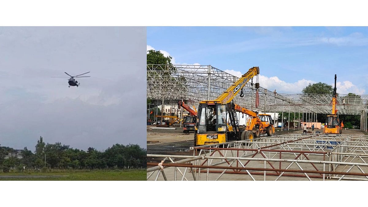 Rehearsals for landing and take-off of helicopters was conducted at DRP Lines helipad in Ujjain on Friday (L); Machines pressed into service for making various arrangements at Kartik Mela Ground. (R) | FP PHOTOS