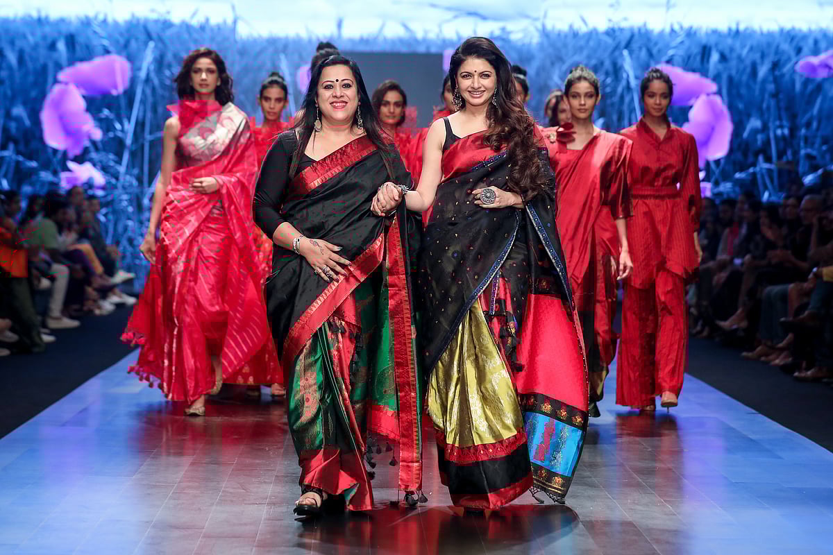 Bhagyashree with designer Sanyukta Dutta for her collection PALAASH