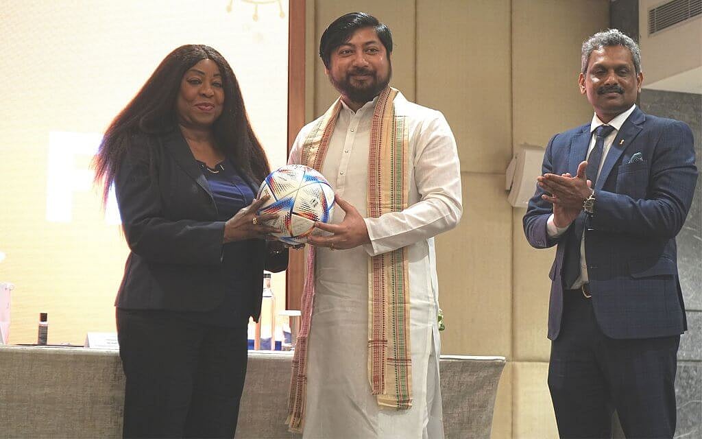 FIFA Secretary General MS Fatima Samoura with Minister for Youth Affairs and Sports Nisith Pramanik.  | AIFF