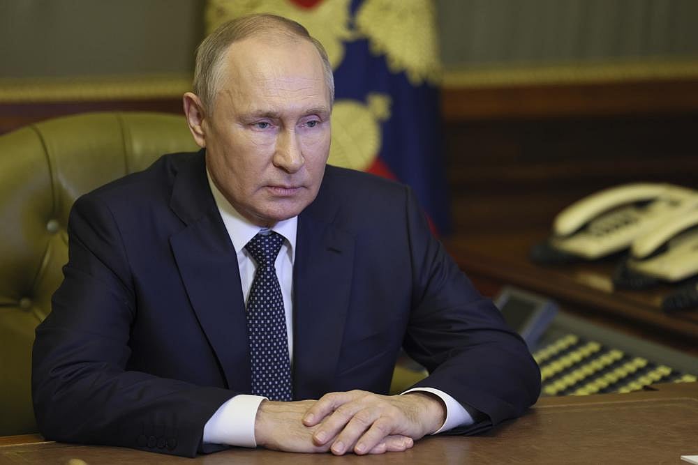 Russian President Vladimir Putin chairs a Security Council meeting via videoconference in St. Petersburg, Russia, on Monday, October 10
