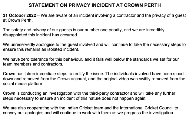 Crown Perth statement on Virat Kohli's room invasion