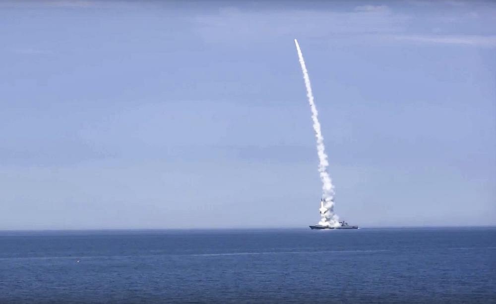 In this photo released by Russian Defense Ministry Press Service on Monday, October 10, a Russian warship launches a cruise missile at a target in Ukraine
