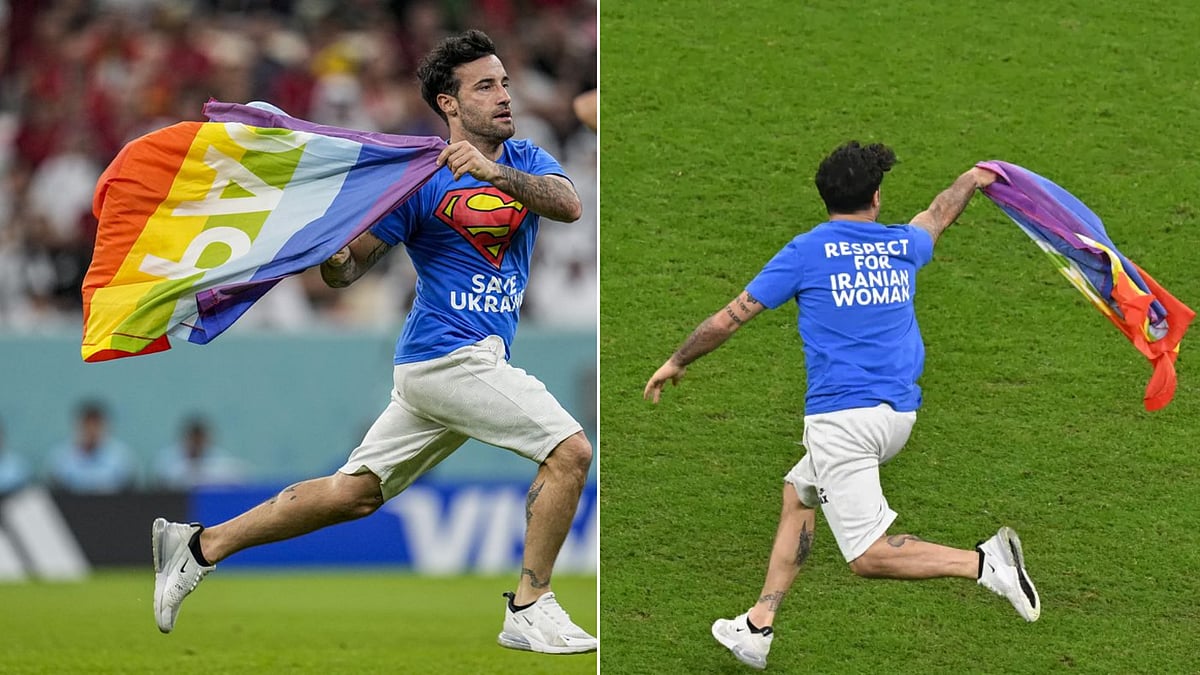FIFA World Cup 2022: 'Superman' with a 'Save Ukraine' jersey, invades pitch with a rainbow flag | viral video