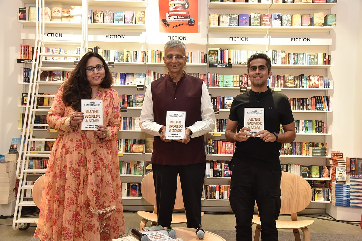Radhika Gupta, MD & CEO, Edelweiss Asset Management Limited, author Ambi Parameswaran and Harshil Karia, Founder, Schbang and Co-Founder, Level at the launch of ‘All the World’s a Stage’ in Mumbai