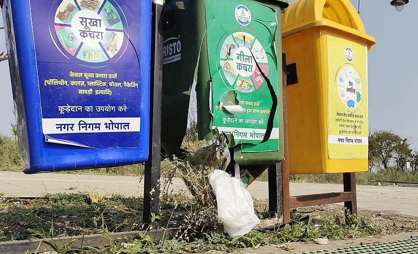 damaged garbagebins on the Atal Path in Bhopal