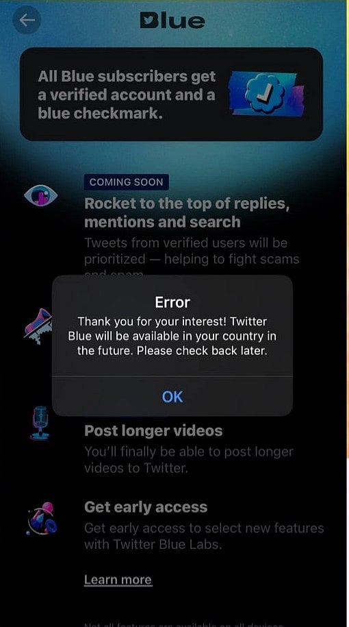 Twitter Blue disabled in US