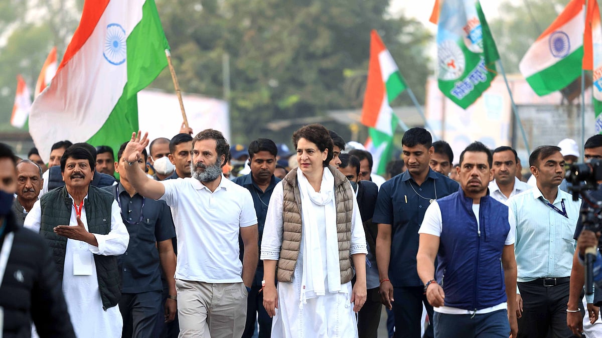 Congress leader Rahul Gandhi with party's general secretary Priyanka Gandhi Vadra, her husband Robert Vadra during the Bharat Jodo Yatra, in Khandwa, Madhya Pradesh on Thursday | ANI